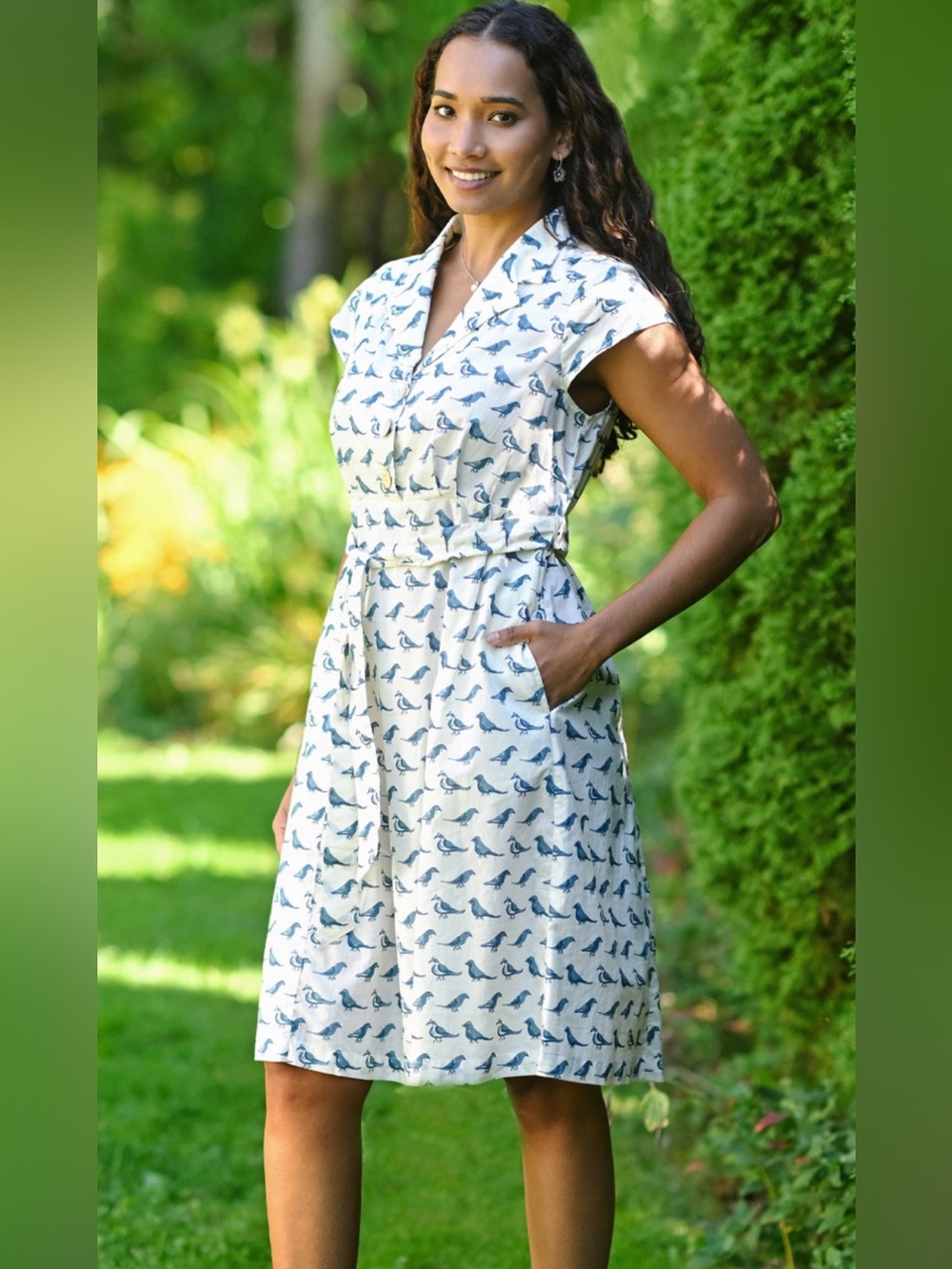 April Cornell White Midi Dress with Black Bird Print